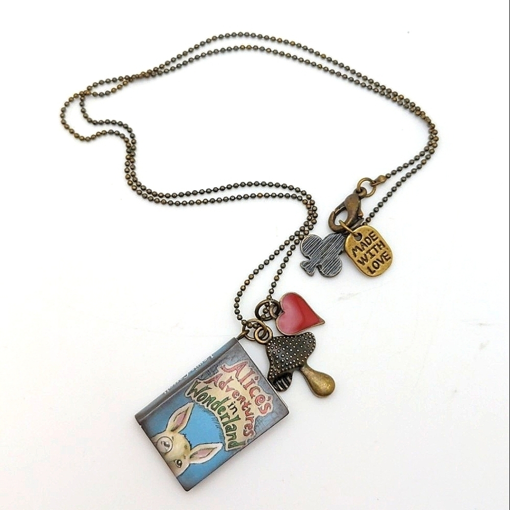 381MIDALANE Alice in Wonderland Charm Necklace Brass Chain